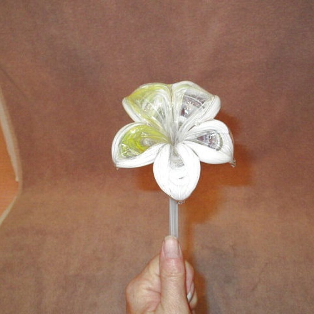 VTG Hand Blow Art Glass Long Stem Flower 5 Petals 19" Yellow White Swirl MCM